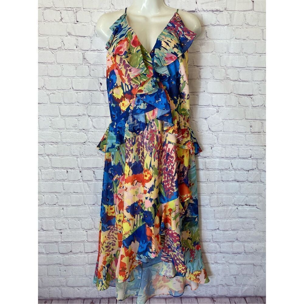 Badgley Mischka Womens 12 Belle Faith Midi Dress Lined High Low Cruise Wear NWT